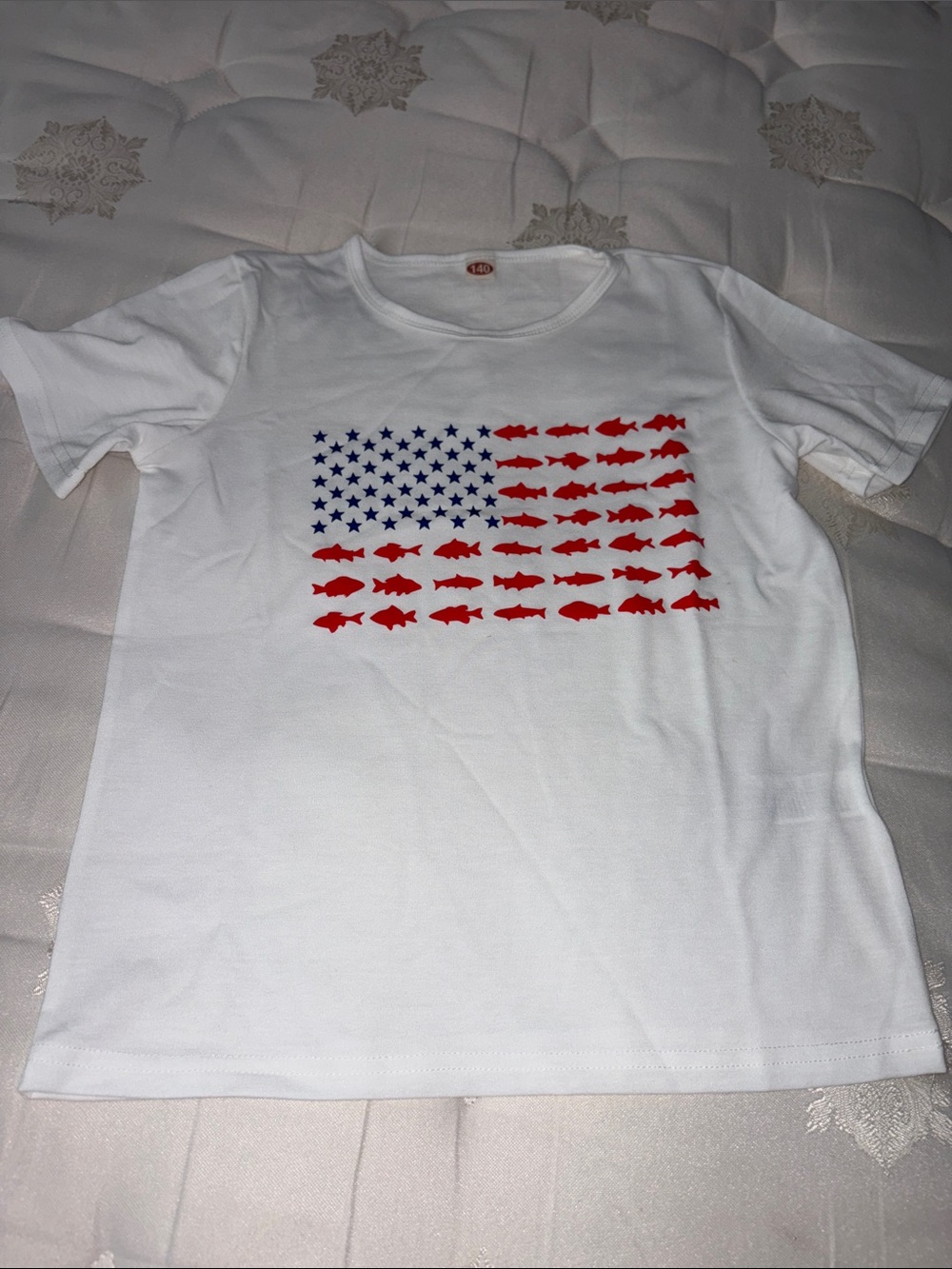 White Tee with American Flag Fish Graphic